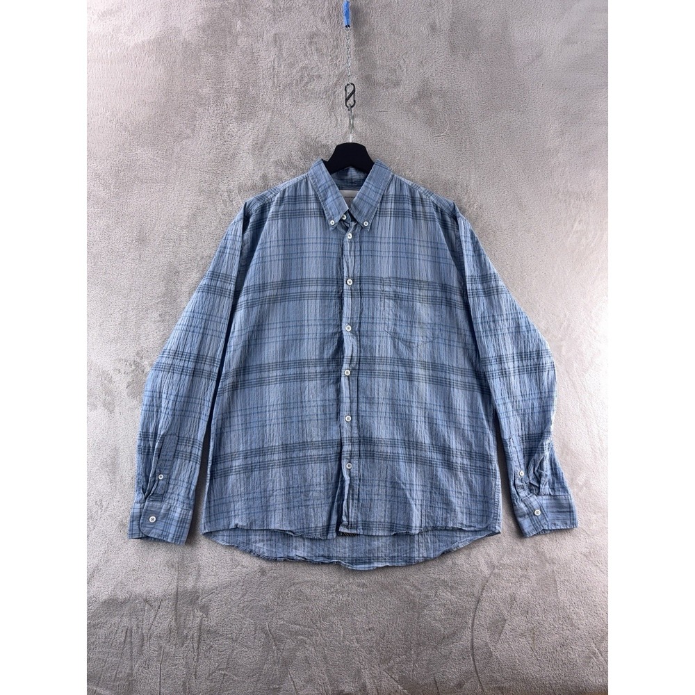 Billy Reid Button Down Shirt Mens Size Large Blue Plaid Lightweight Cotton